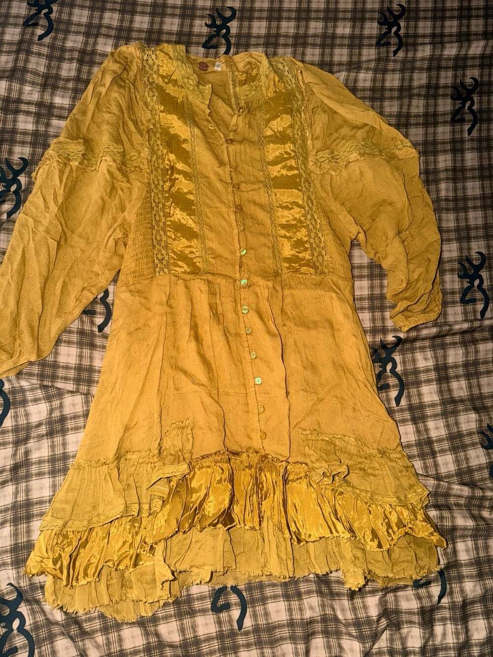 FP One Dress Size S/P Yellow Boho Button Down Lace Trim Tunic